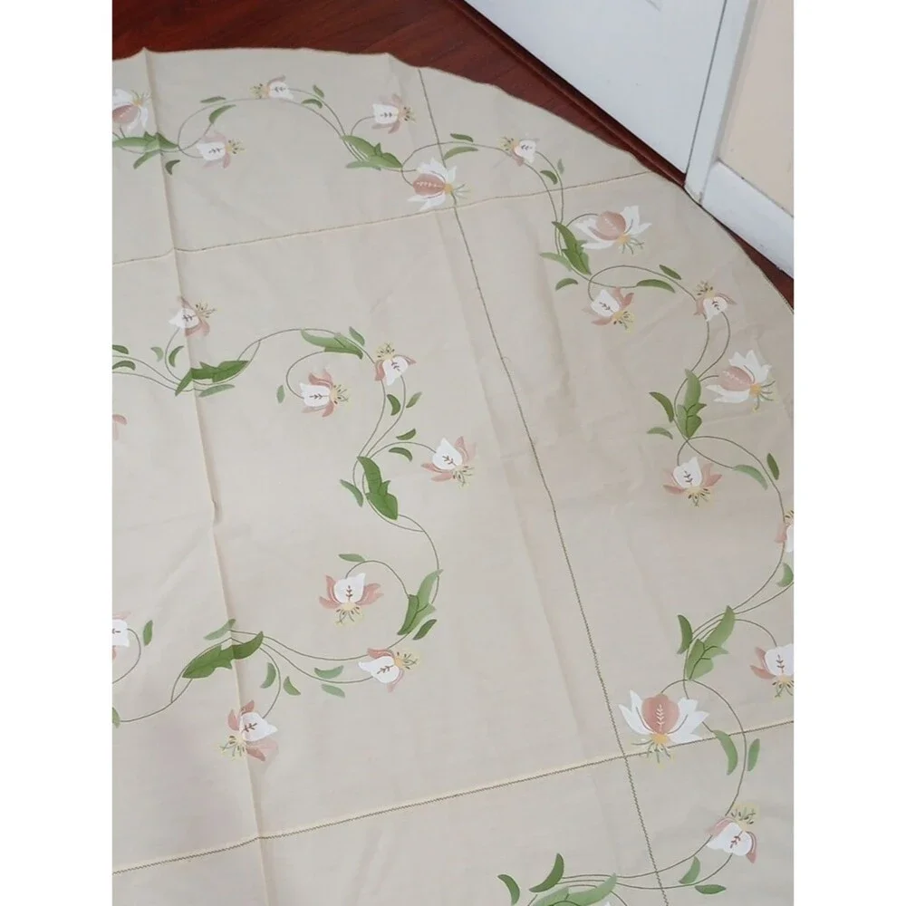 Floral Applique and Embroidered Beige Round Tablecloth, 68